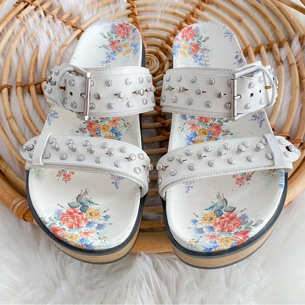 Alexander McQueen Platform Sandals Slides Studded Cream Leather Flower Print